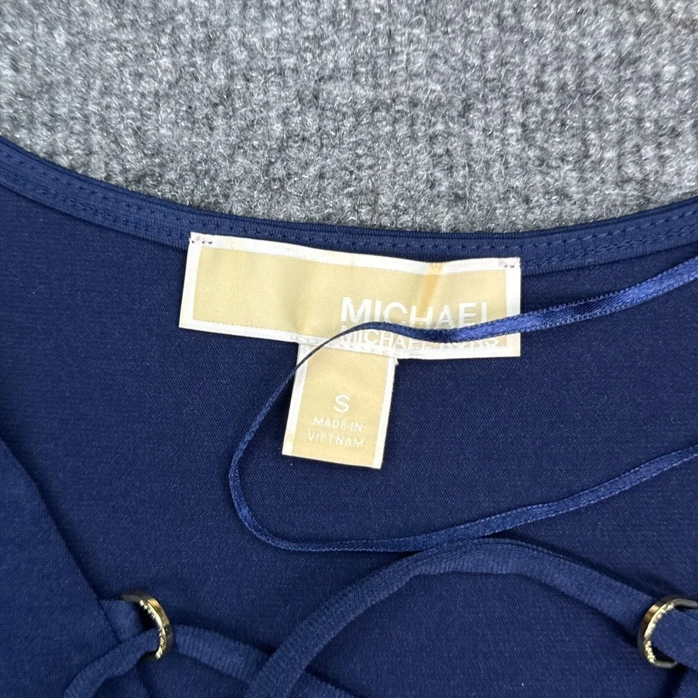 Michael Kors MK Blouse Top Womens Size Small Navy Blue Cinch Neck‎ Tasseled